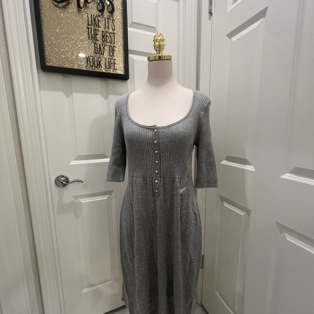 Gray Ribbed Button-Front Dress